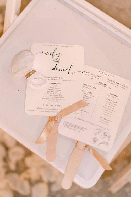 wedding ceremony, ceremony, decor, fan, schedule, Coronado, Coronado springs, casitas, casitas courtyard, wedding program, ceremony program, program