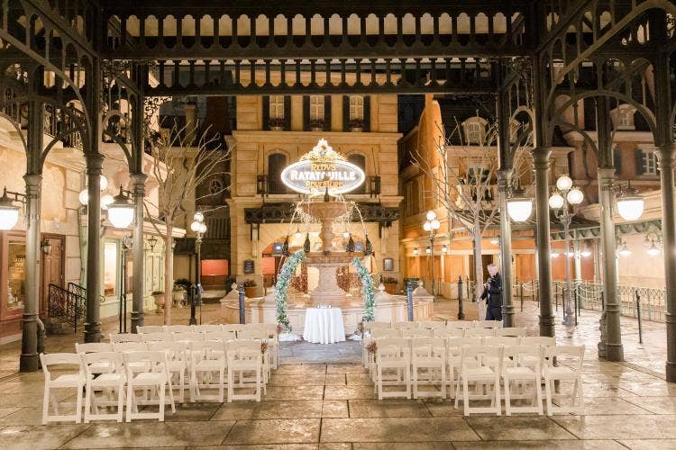 wedding ceremony, venue, ceremony venue, decorated ceremony, Epcot, france pavilion, place de Remy