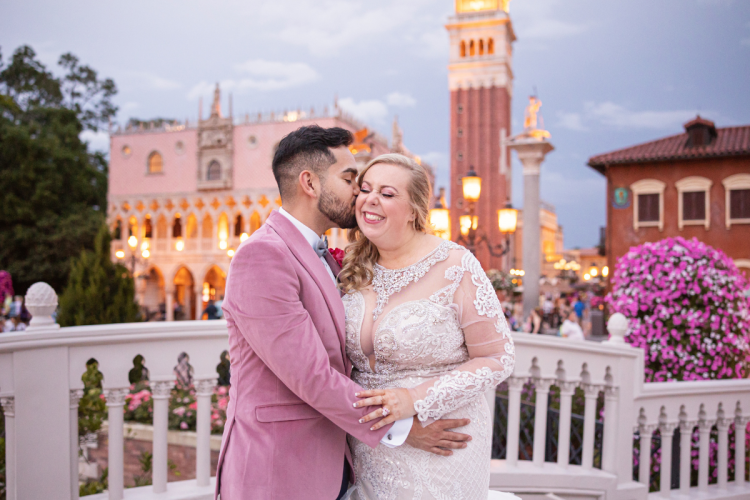 bride and groom, couple, portrait, couple portrait, italy, italy pavilion, epcot, wedding reception, reception