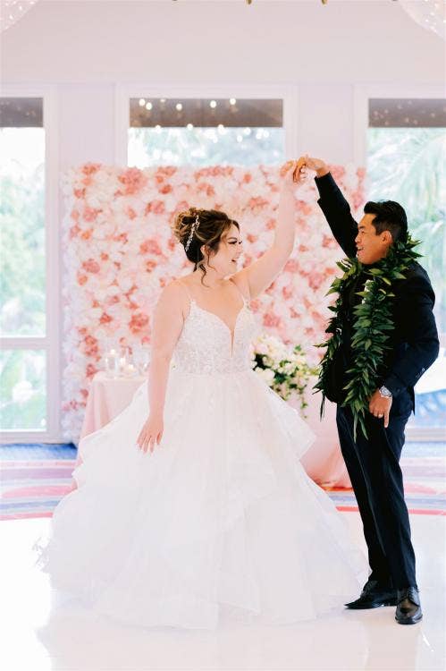 First Dance, Disney Wedding, Bride and Groom, Dance Floor, Floral Wall, Pink Wedding