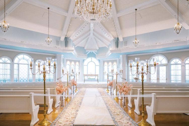decorated wedding ceremony, wedding ceremony, ceremony, venue, decorated venue, Disney's wedding pavilion, wedding pavilion, custom aisle floral, aisle floral, bonsai floral, pink floral, petal toss, pink petal toss