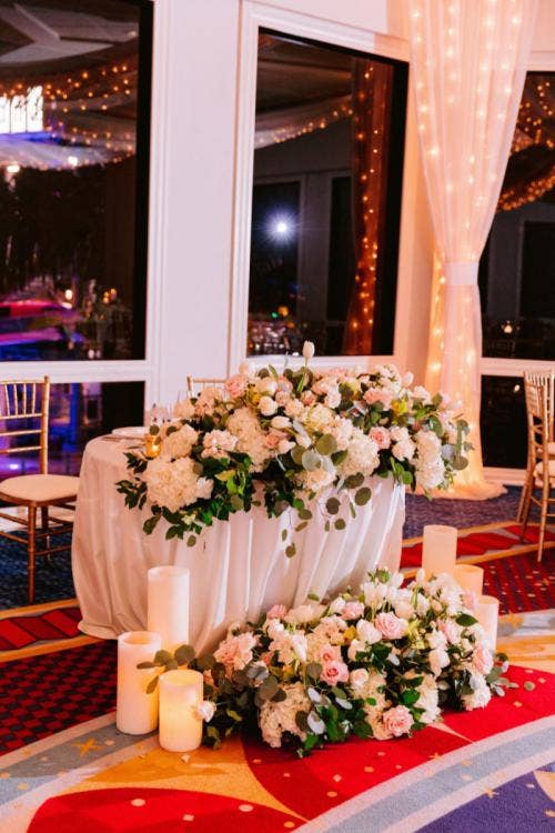 wedding reception, reception, reception floral, floral, boho floral, winter boho, sweetheart table, sweetheart table decor, sweetheart table floral, sleeping beauty pavilion, Disneyland, Disneyland Hotel