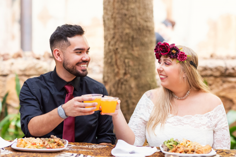 welcome reception, reception, couple, bride and groom, cheers, flower crown, tamu tamu, animal kingdom, disney's animal kingdom