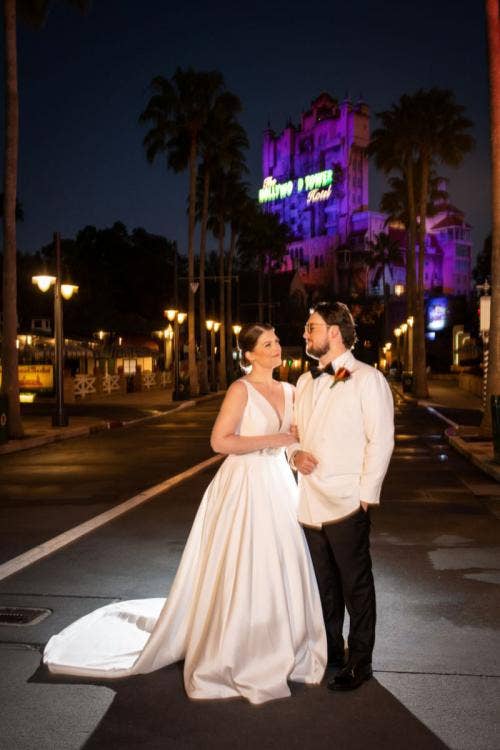 bride and groom, couple, portrait, couple portrait, nighttime, hollywood studios, tower of terror, sunset boulevard