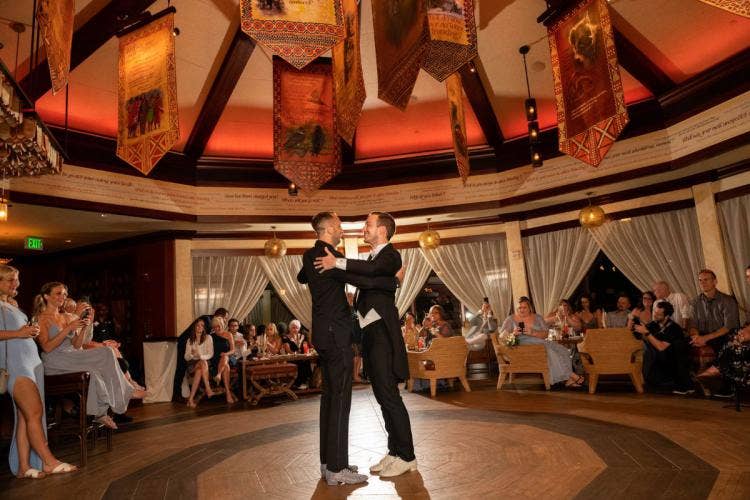 groom groom, lgbtq, lgbtq couple, first dance, dance, wedding reception, reception, disney's animal kingdom, animal kingdom, nomad lounge