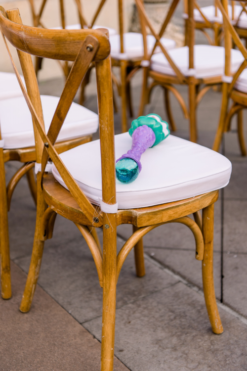 wedding ceremony, ceremony, ceremony decor, chairs, ceremony chairs, custom chairs, bubble wand, bubbles, bubble exit, epcot, italy, italy pavilion, italy plaza