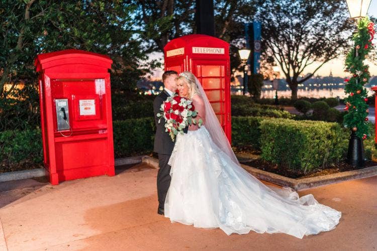 bride and groom, couple, first look, uk courtyard, uk wedding, uk pavilion, EPCOT, uk, holiday, holiday wedding