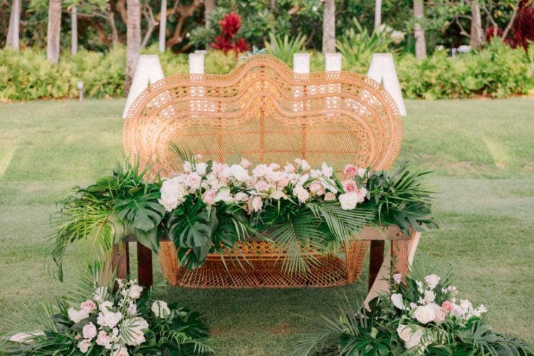 wedding reception, reception, decor, sweetheart table, custom chair, reception floral, tropical floral, Aulani, lanikuhonua, lanikuhona reception