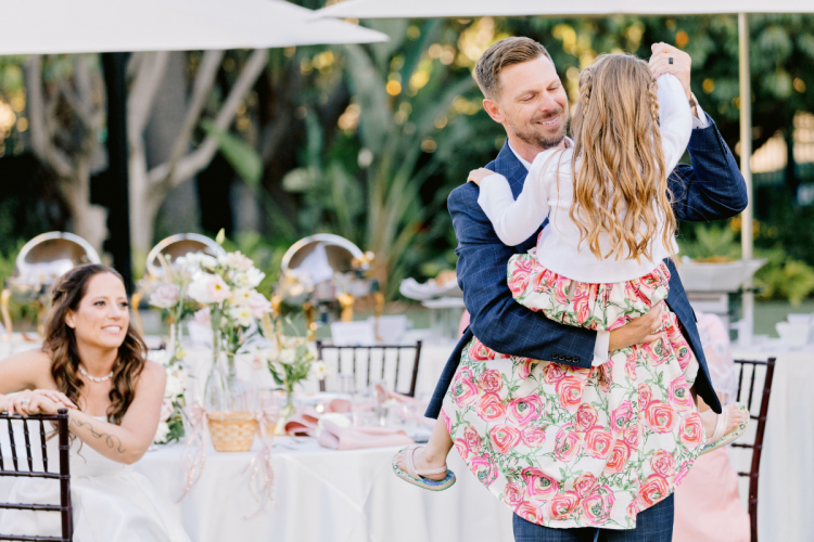 groom, kids, daughter, groom and daughter, dance, first dance, reception, vow renewal, vow renewal reception, adventure lawn, adventure lawn gazebo, disneyland, disneyland hotel