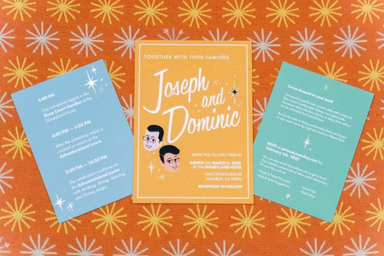 groom groom, lgbtq, lgbtq couple, wedding invitation, invitation, stationary, disneyland