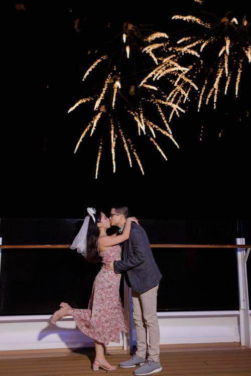 couple, portrait, fireworks, Disney Cruise Line, cruise wedding, Disney Wish