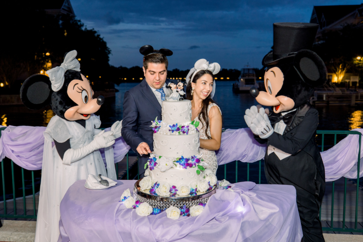 bride and groom, couple, cutting cake, wedding cake, cake, dessert party, grand floridian, grand floridian resort, grand floridian dessert party, mickey and minnie, characters
