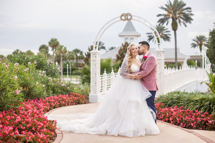 bride and groom, couple, portrait, wedding pavilion, disney's wedding pavilion, wedding dress
