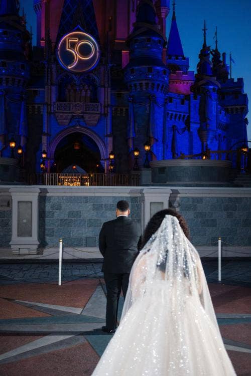 bride and groom, couple, first look, walt disney world, magic kingdom, cinderella's castle