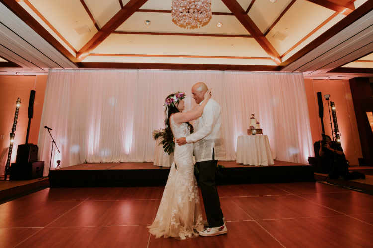 bride and groom, first dance, couple, aulani, aulani wedding, reception, wedding reception, kaiona ballroom, kaiona, ballroom reception