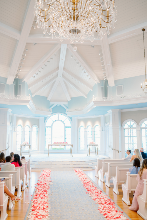 decorated wedding ceremony, wedding ceremony, venue shot, disney's wedding pavilion, spring wedding, spring floral, pink floral