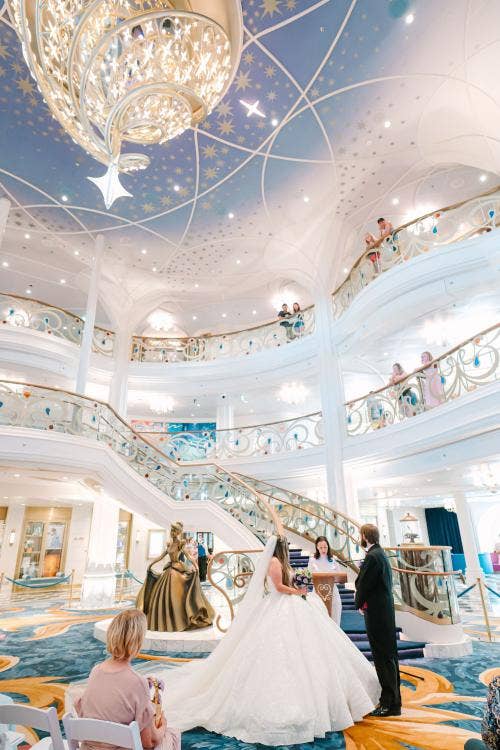 bride and groom, couple, wedding ceremony, ceremony, altar area, disney cruise line, cruise line, disney cruise, cruise, disney wish, grand hall, disney wish grand hall