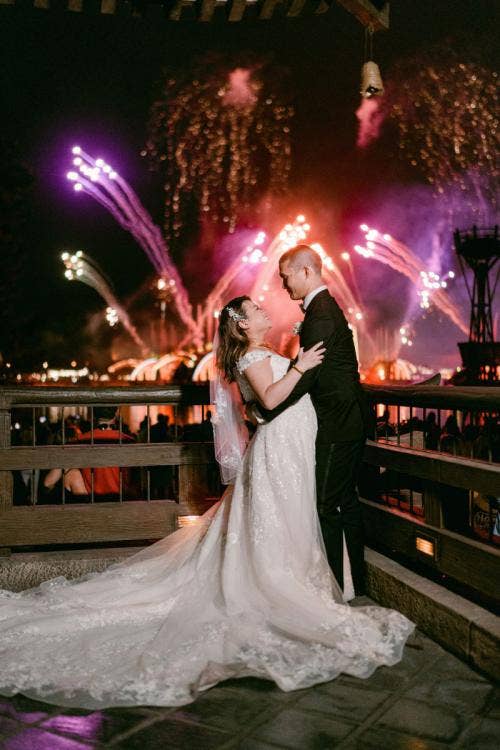 bride and groom, couple, portrait, fireworks, dessert party, fireworks dessert party, Epcot, Japan, Japan pavilion