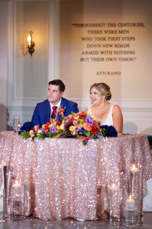 couple, wedding reception, reception, sweetheart table, Epcot, American adventure rotunda