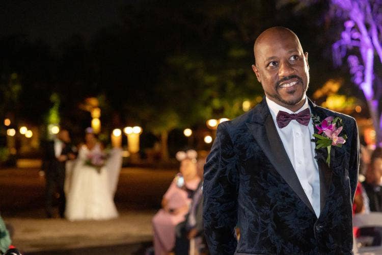 groom, wedding ceremony, ceremony, groom at ceremony, first look, nighttime, candid