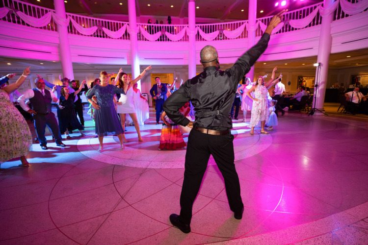 dj, guests, wedding reception, reception, Epcot, American adventure rotunda