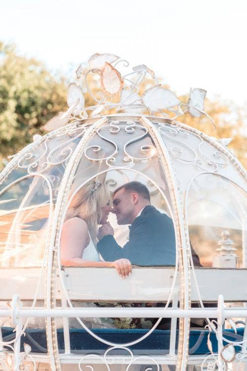 bride and groom, couple, portrait, couple portrait, staged exit, cinderella coach, coach, Epcot, uk, uk pavilion