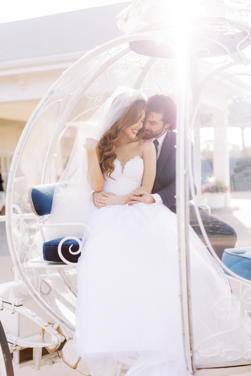 bride and groom, just married, cinderella coach, wedding day, cinderella carriage, disney wedding