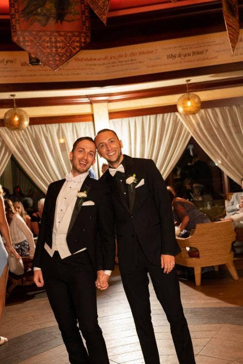 groom groom, lgbtq, lgbtq couple, wedding reception, reception, disney's animal kingdom, animal kingdom, nomad lounge