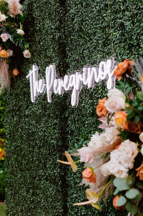 Disney Wedding, Wedding Reception, Reception Decor, Hedge Wall, Neon Sign, Boho Wedding
