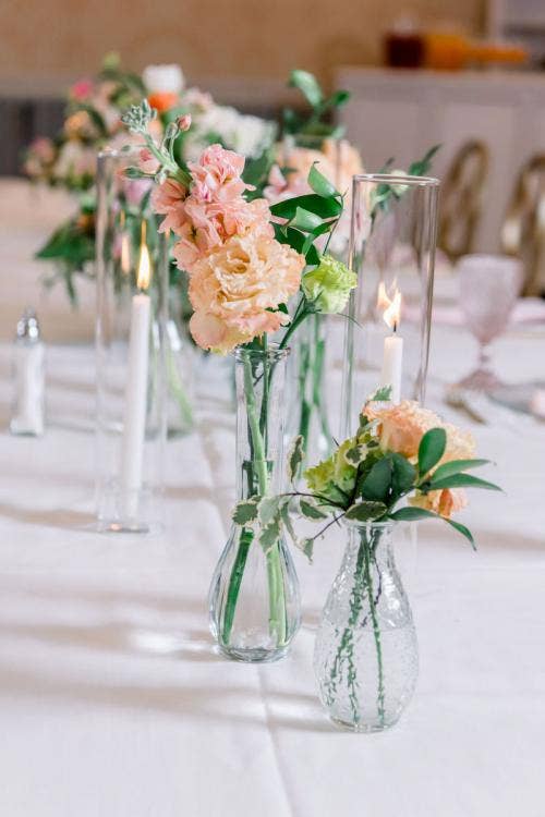 wedding reception, reception, reception decor, table decor, custom centerpieces, custom table decor, table centerpieces, boho floral, floral centerpieces, candle, candle centerpieces, pink floral