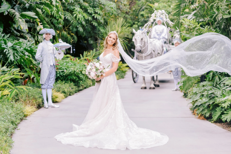 bride, bridal portrait, portrait, coach, cinderella coach, rose court, rose court garden, disneyland, disneyland hotel, wedding, wedding ceremony