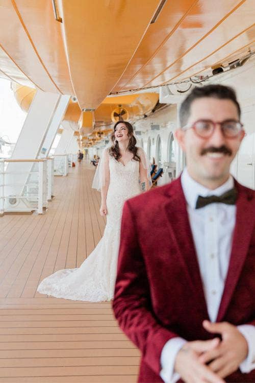 bride and groom, couple, portrait, couple portrait, first look, disney cruise line, cruise line, cruise, disney cruise, disney dream, cruise wedding