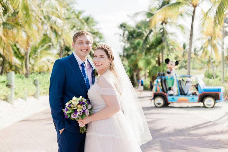 bride and groom, couple, portrait, couple portrait, castaway cay, Mickey Mouse, character, Disney character, Disney cruise line, cruise line, cruise