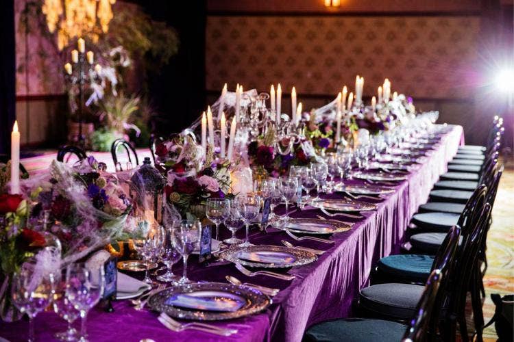 wedding reception, reception, decor, reception decor, table decor, custom table decor, candles, candelbras, halloween, halloween theme, moody aesthetic