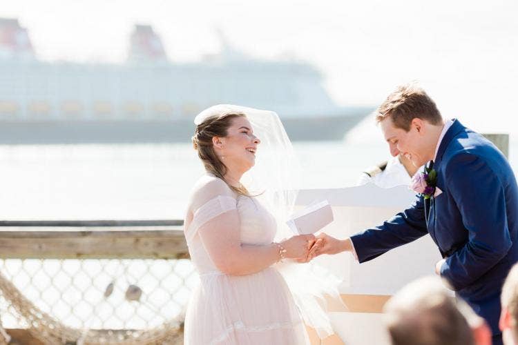 bride and groom, couple, candid, vows, cruise line, cruise, Disney cruise, Disney cruise line, castaway cay, wedding pointe