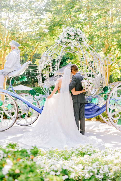 bride and groom, couple, portrait, cinderella coach, coach, cinderella's coach, candid, rose court, rose court garden, disneyland, disneyland hotel