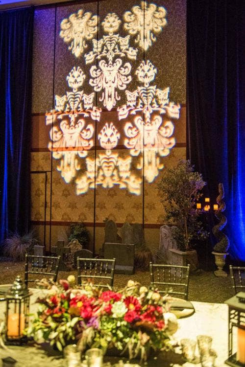 wedding reception, reception, decor, reception decor, bogo, custom bogo, projection, custom projection, custom lighting, haunted mansion, halloween, halloween theme, haunted mansion theme