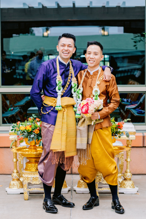 lgbtq, couple, lgbtq couple, groom, groom groom, thai wedding, thai outfits, tropical floral, wedding decor, ceremony decor, ceremony floral, parkview terrace, disneyland