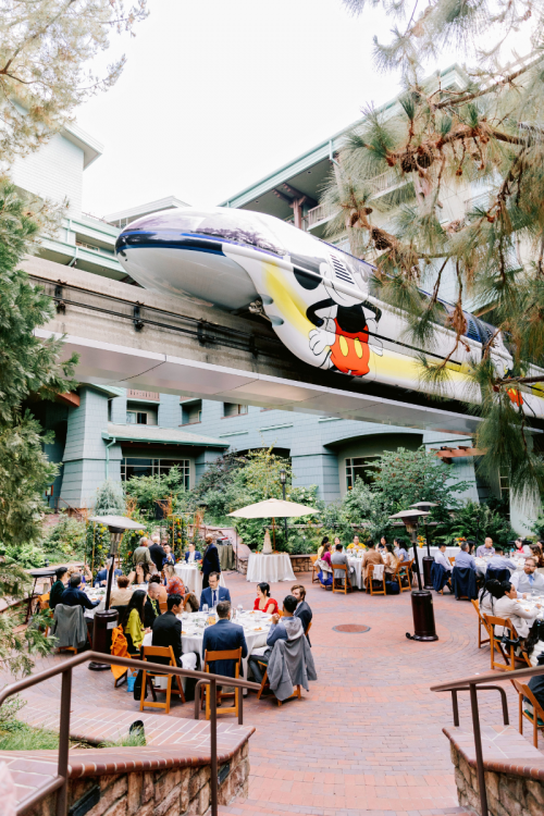 wedding reception, reception decor, monorail, table rounds, reception venue, brisa courtyard, disneyland