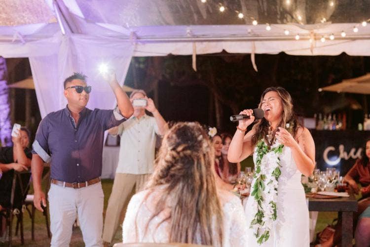 LGBTQ, couple, bride bride, candid, wedding reception, reception, Aulani, lanikuhonua, lanikuhonua reception