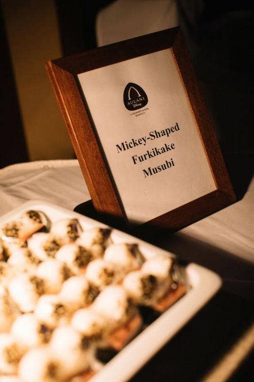 wedding reception, reception, food, reception food, sushi, furkikake musubi, musubi, mickey shape, mickey, aulani