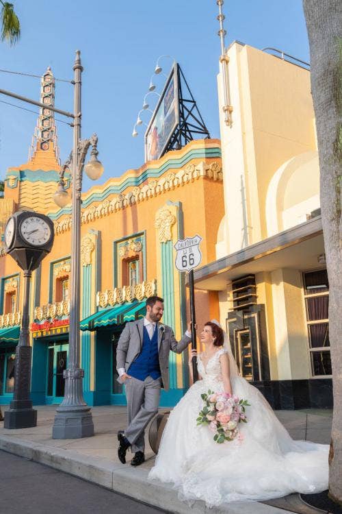 bride and groom, couple, portrait, couple portrait, Hollywood Studios, Disney's Hollywood Studios, sunset boulevard, park portrait, park portrait session