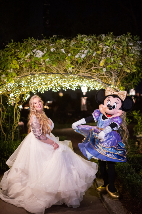 bride, bridal portrait, wedding dress, wedding reception, reception, uk pavilion, UK, united kingdom, epcot, minnie mouse, minnie, character, character photos