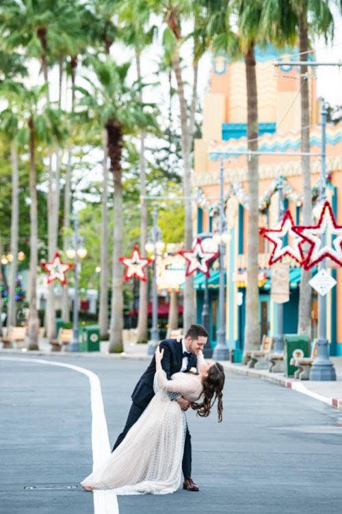 bride and groom, couple, portrait, couple portrait, Hollywood Studios, Disney's Hollywood Studios, sunset boulevard, park portrait, park portrait session