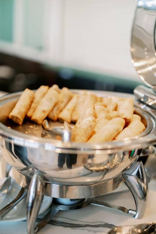 wedding reception, reception, food, buffet, buffet style, spring rolls, cheeseburger spring rolls