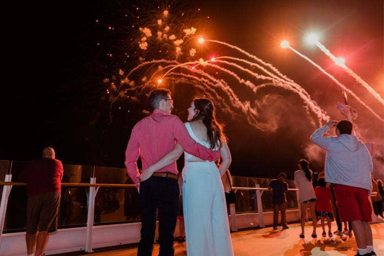 bride and groom, couple, portrait, couple portrait, fireworks, disney cruise line, cruise line, disney cruise, cruise, cruise wedding, disney dream