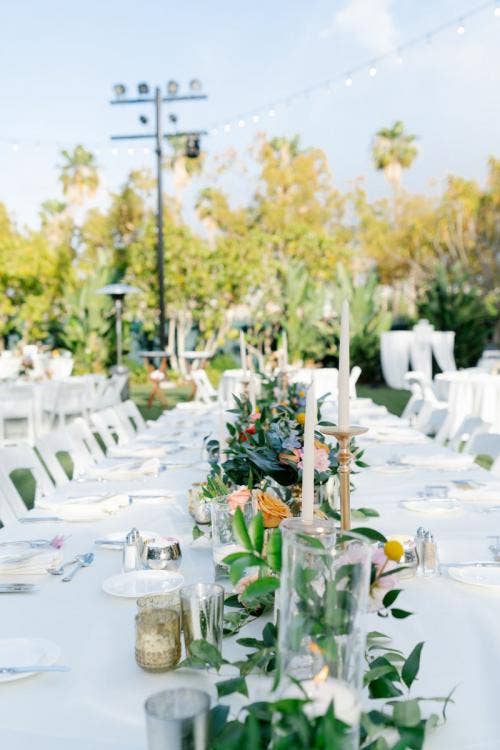 wedding reception, reception, reception decor, reception floral, table floral, reception tables, floral centerpieces, tropical floral, colorful floral, disneyland, disneyland hotel, adventure lawn