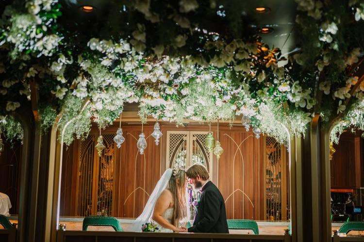 bride and groom, couple, wedding reception, reception, disney cruise line, cruise line, cruise, disney cruise, disney wish, the bayou, disney wish the bayou