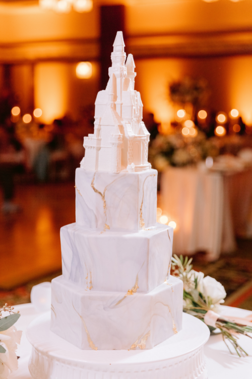 wedding cake, cake, marble cake, cake topper, castle, castle cake topper, white cake, white chocolate, grand californian ballrooms