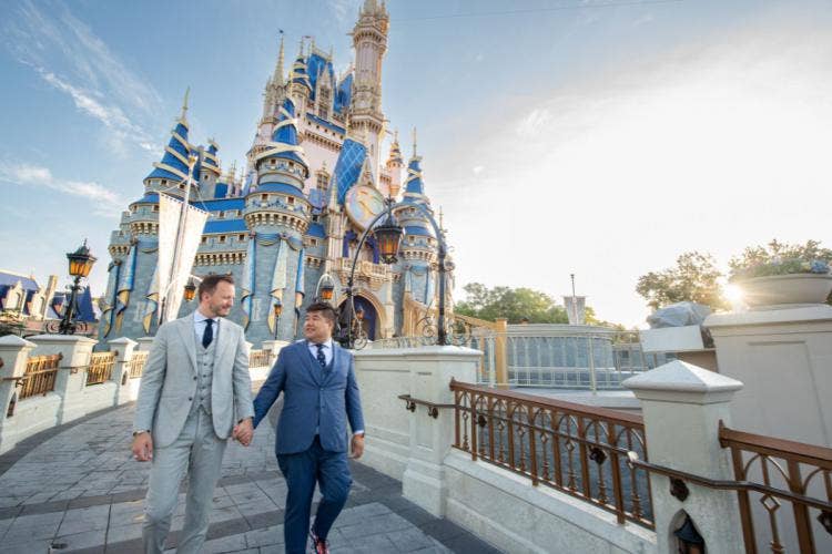 LGBTQ couple, LGBTQ, groom groom, couple, portrait, couple portait, magic kingdom, castle, park portrait, park portrait session